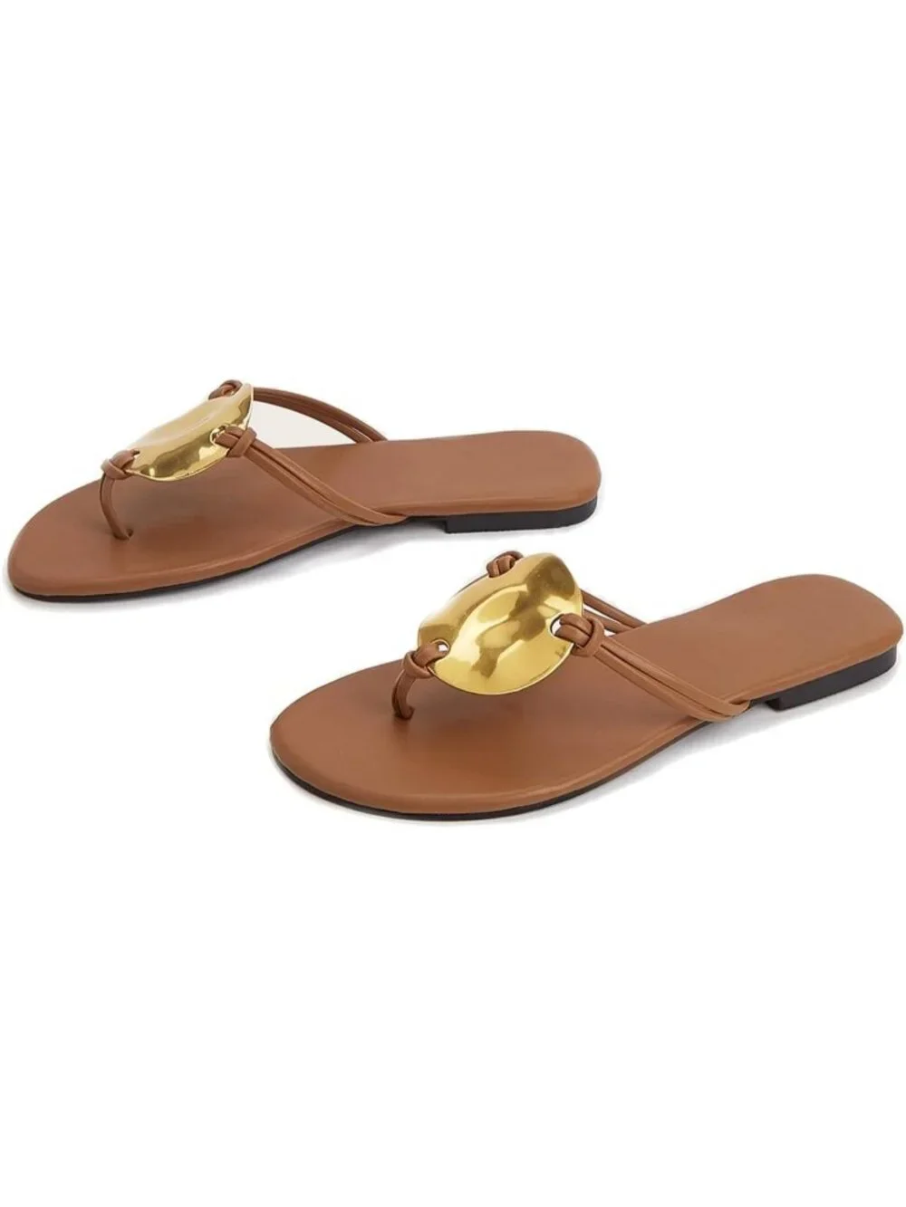 Women's Brown Metal Flip Flops Thong Flats Slip on Soft Cushion Dressy Shoes